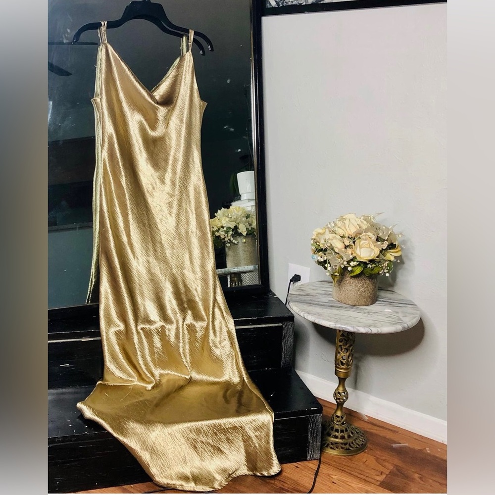 Gold satin maxi dress.